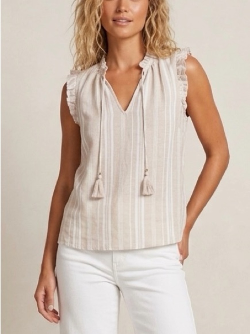 Ellen Tracy Linen Blend Tan Stripe Sleeveless Top